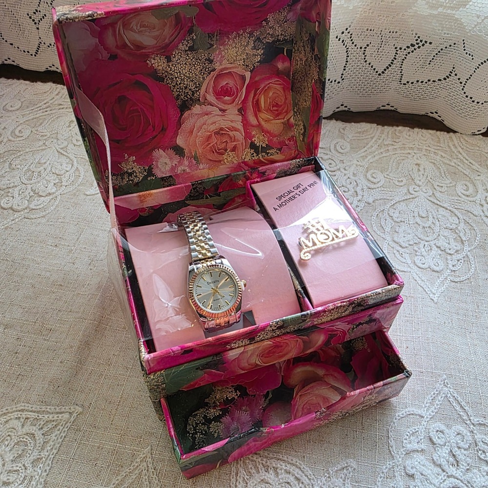 Details Watch Gift Set Silver Gold Tone Mother's Day Pin Floral Jewelry Box